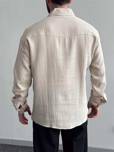 Erkek Yüksek Kalite Oversize Kalıp Müslin Kumaş Gömlek-Bej(E1279)