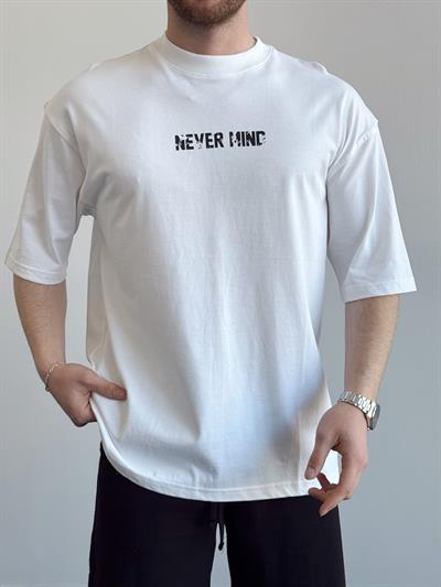 Erkek Yüksek Kalite Oversize Kalıp Never Mint Baskı Detay T-Shirt-Beyaz(E1372)