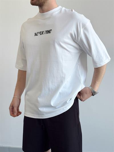 Erkek Yüksek Kalite Oversize Kalıp Never Mint Baskı Detay T-Shirt-Beyaz(E1372)