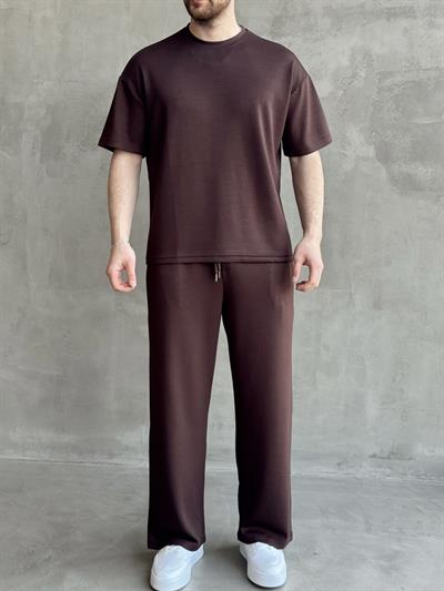 Erkek Yüksek Kalite Oversize Kalıp Oysh Kumaş Eşofman T-Shirt Takım-Kahverengi(E1688)