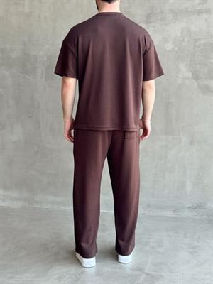 Erkek Yüksek Kalite Oversize Kalıp Oysh Kumaş Eşofman T-Shirt Takım-Kahverengi(E1688)
