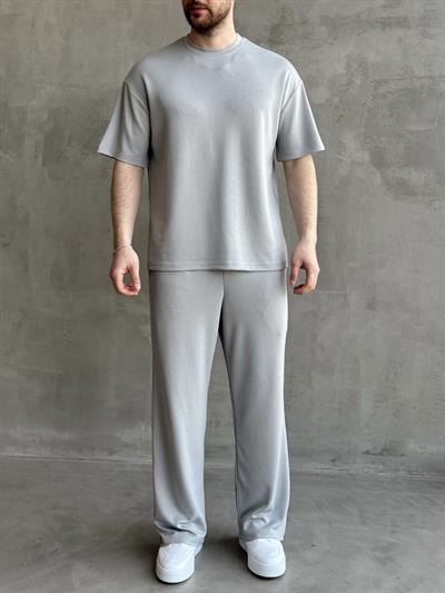 Erkek Yüksek Kalite Oversize Kalıp Oysh Kumaş Eşofman T-Shirt Takım-Gri(E1688)