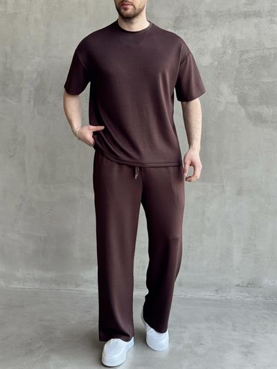 Erkek Yüksek Kalite Oversize Kalıp Oysh Kumaş Eşofman T-Shirt Takım-Kahverengi(E1688)