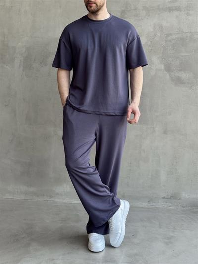 Erkek Yüksek Kalite Oversize Kalıp Oysh Kumaş Eşofman T-Shirt Takım-Füme(E1688)