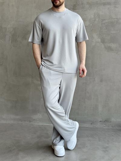 Erkek Yüksek Kalite Oversize Kalıp Oysh Kumaş Eşofman T-Shirt Takım-Gri(E1688)