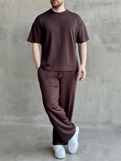 Erkek Yüksek Kalite Oversize Kalıp Oysh Kumaş Eşofman T-Shirt Takım-Kahverengi(E1688)