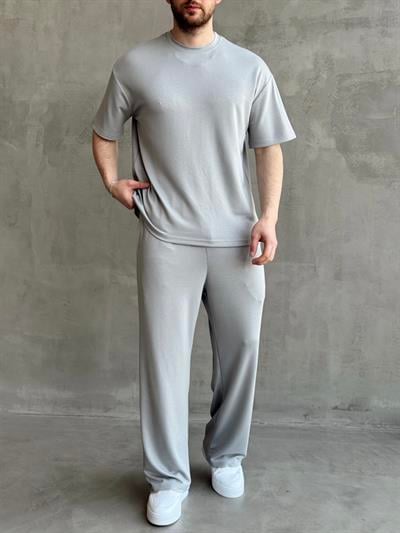 Erkek Yüksek Kalite Oversize Kalıp Oysh Kumaş Eşofman T-Shirt Takım-Gri(E1688)