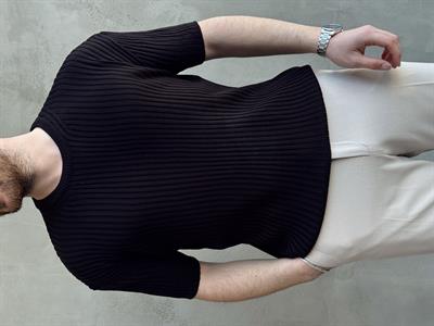 Erkek Yüksek Kalite Oversize Kalıp Şerit Detaylı Bisiklet Yaka Triko T-Shirt-Siyah(E1654)