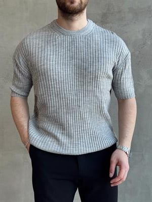 Erkek Yüksek Kalite Oversize Kalıp Şerit Detaylı Bisiklet Yaka Triko T-Shirt-Gri(E1654)