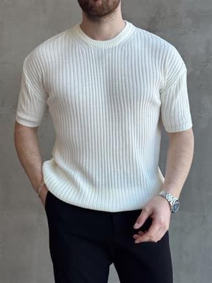 Erkek Yüksek Kalite Oversize Kalıp Şerit Detaylı Bisiklet Yaka Triko T-Shirt-Beyaz(E1654)