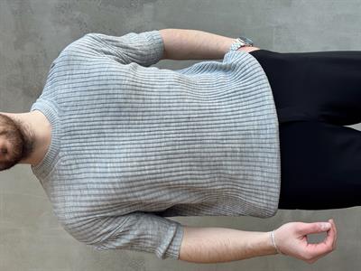 Erkek Yüksek Kalite Oversize Kalıp Şerit Detaylı Bisiklet Yaka Triko T-Shirt-Gri(E1654)