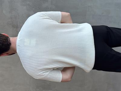 Erkek Yüksek Kalite Oversize Kalıp Şerit Detaylı Bisiklet Yaka Triko T-Shirt-Beyaz(E1654)
