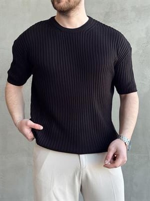 Erkek Yüksek Kalite Oversize Kalıp Şerit Detaylı Bisiklet Yaka Triko T-Shirt-Siyah(E1654)