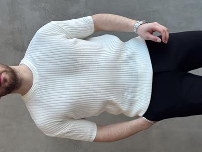 Erkek Yüksek Kalite Oversize Kalıp Şerit Detaylı Bisiklet Yaka Triko T-Shirt-Beyaz(E1654)