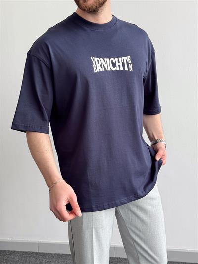 Erkek Yüksek Kalite Oversize Kalıp Varnichten Baskı Detay T-Shirt-Lacivert(E1368)