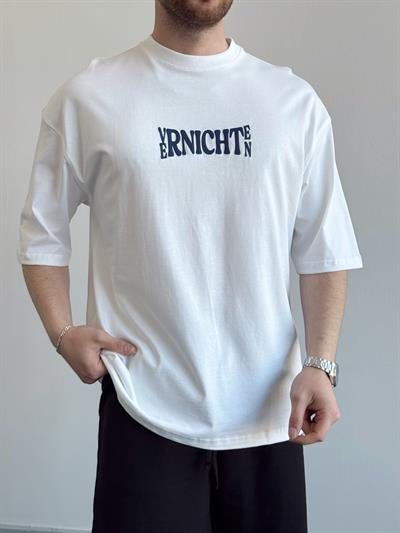 Erkek Yüksek Kalite Oversize Kalıp Varnichten Baskı Detay T-Shirt-Beyaz(E1368)