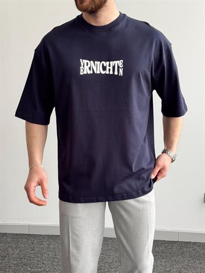 Erkek Yüksek Kalite Oversize Kalıp Varnichten Baskı Detay T-Shirt-Lacivert(E1368)