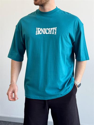 Erkek Yüksek Kalite Oversize Kalıp Varnichten Baskı Detay T-Shirt-Petrol(E1368)