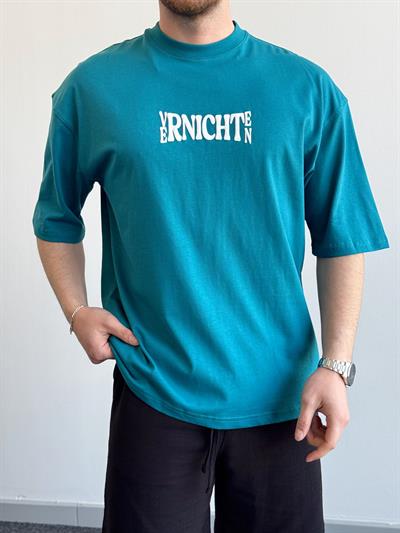 Erkek Yüksek Kalite Oversize Kalıp Varnichten Baskı Detay T-Shirt-Petrol(E1368)