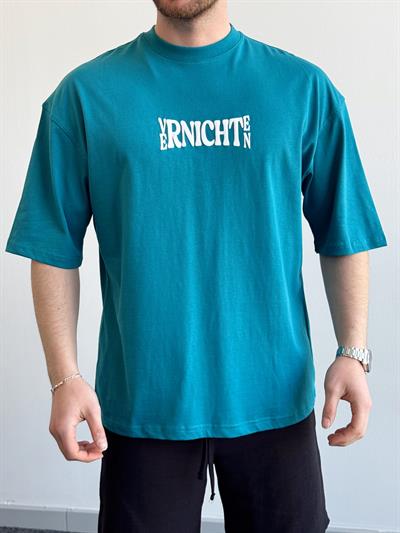 Erkek Yüksek Kalite Oversize Kalıp Varnichten Baskı Detay T-Shirt-Petrol(E1368)