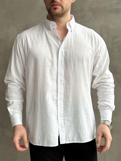 Erkek Yüksek Kalite Oversize Kalıp Yaka Düğme Detaylı %100 Pamuk Oxford Gömlek-Beyaz(E1605)
