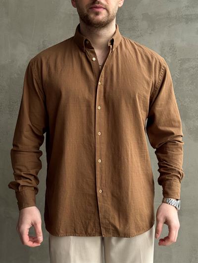 Erkek Yüksek Kalite Oversize Kalıp Yaka Düğme Detaylı %100 Pamuk Oxford Gömlek-Kahverengi(E1605)