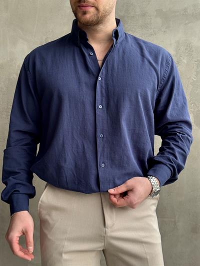 Erkek Yüksek Kalite Oversize Kalıp Yaka Düğme Detaylı %100 Pamuk Oxford Gömlek-Lacivert(E1605)