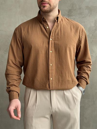 Erkek Yüksek Kalite Oversize Kalıp Yaka Düğme Detaylı %100 Pamuk Oxford Gömlek-Kahverengi(E1605)