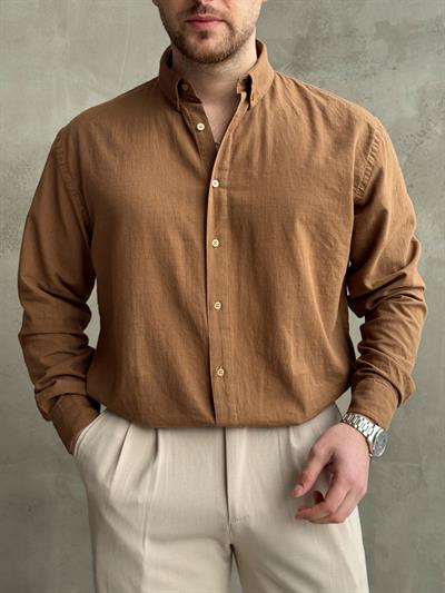 Erkek Yüksek Kalite Oversize Kalıp Yaka Düğme Detaylı %100 Pamuk Oxford Gömlek-Kahverengi(E1605)