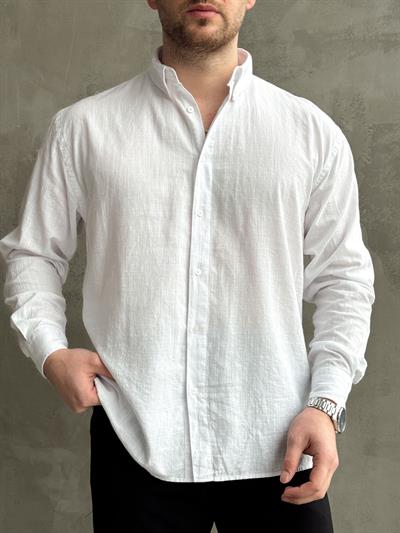 Erkek Yüksek Kalite Oversize Kalıp Yaka Düğme Detaylı %100 Pamuk Oxford Gömlek-Beyaz(E1605)