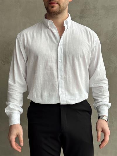 Erkek Yüksek Kalite Oversize Kalıp Yaka Düğme Detaylı %100 Pamuk Oxford Gömlek-Beyaz(E1605)