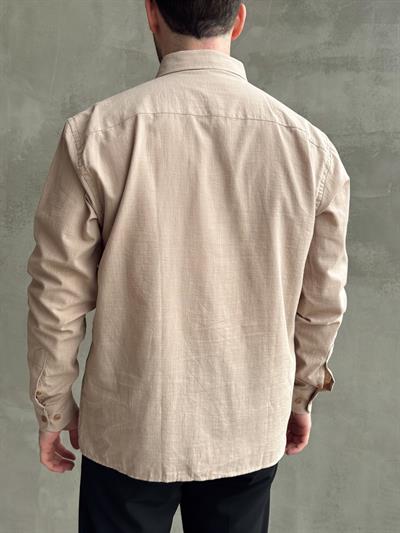 Erkek Yüksek Kalite Oversize Kalıp Yaka Düğme Detaylı %100 Pamuk Oxford Gömlek-Bej(E1605)
