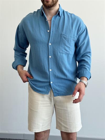 Erkek Yüksek Kalite Oversize Kalıp Yazlık Salaş Gömlek-Mavi(E1439)