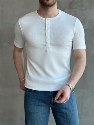 Erkek Yüksek Kalite Regular Fit Düğme Detaylı Bisiklet Yaka T-Shirt-Beyaz(E1659)