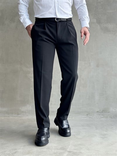 Erkek Zamansız Model Gizli Kemer Detay Baggy Kalıp Kumaş Pantolon-Siyah(E1771)