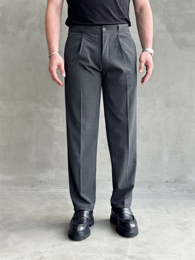 Erkek Zamansız Model Gizli Kemer Detay Baggy Kalıp Kumaş Pantolon-Füme(E1771)