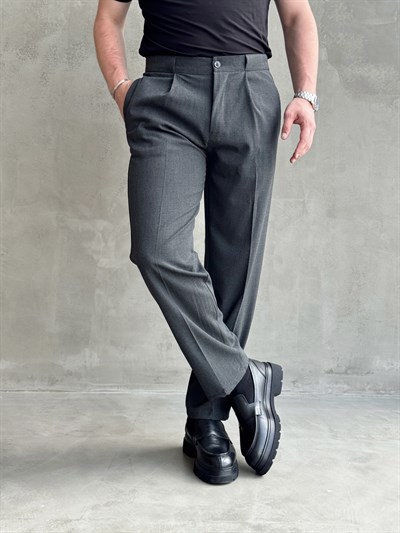 Erkek Zamansız Model Gizli Kemer Detay Baggy Kalıp Kumaş Pantolon-Füme(E1771)