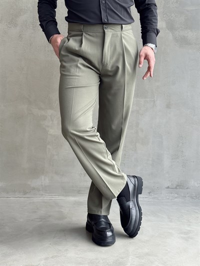 Erkek Zamansız Model Gizli Kemer Detay Baggy Kalıp Kumaş Pantolon-Çağla(E1771)