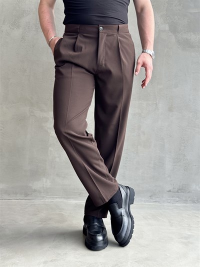 Erkek Zamansız Model Gizli Kemer Detay Baggy Kalıp Kumaş Pantolon-Kahverengi(E1771)