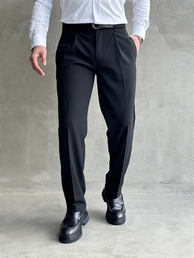 Erkek Zamansız Model Gizli Kemer Detay Baggy Kalıp Kumaş Pantolon-Siyah(E1771)