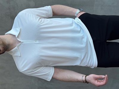 Erkek Zamansız Model Oversize Kalıp Fermuar Detaylı Polo Yaka T-Shirt-Beyaz(E1744)