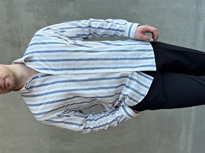 Erkek Zamansız Regular Fit Şerit Detaylı Keten Gömlek-Lacivert(E1756)