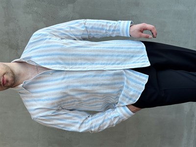 Erkek Zamansız Regular Fit Şerit Detaylı Keten Gömlek-Mavi(E1756)