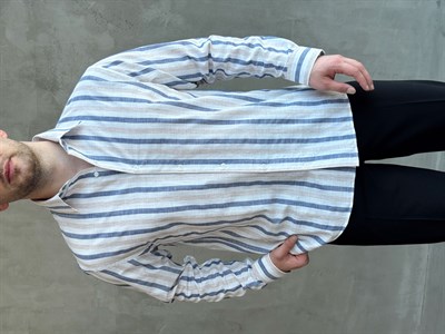 Erkek Zamansız Regular Fit Şerit Detaylı Keten Gömlek-Lacivert(E1756)