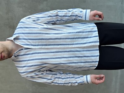 Erkek Zamansız Regular Fit Şerit Detaylı Keten Gömlek-Lacivert(E1756)