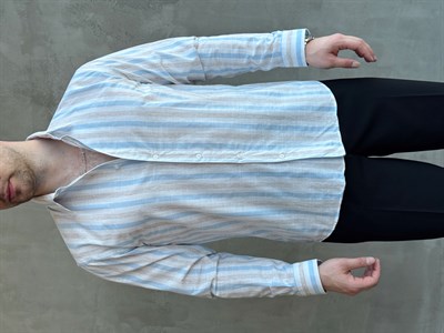 Erkek Zamansız Regular Fit Şerit Detaylı Keten Gömlek-Mavi(E1756)