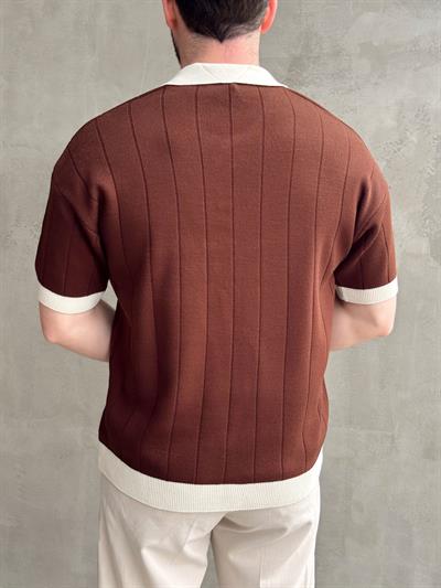 Erkek Zamansız Stil Oversize Kalıp Nakış Detaylı Polo Yaka Triko T-Shirt-Kahverengi(E1609)