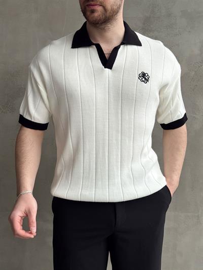 Erkek Zamansız Stil Oversize Kalıp Nakış Detaylı Polo Yaka Triko T-Shirt-Beyaz(E1609)