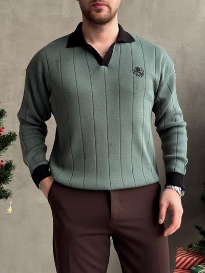 Erkek Zamansız Stil Oversize Kalıp Nakış Detaylı Polo Yaka Triko Kazak-Yeşil(E1560)Ketench
