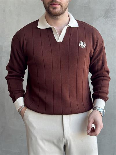 Erkek Zamansız Stil Oversize Kalıp Nakış Detaylı Polo Yaka Triko Kazak-Kahverengi(E1560)Ketench